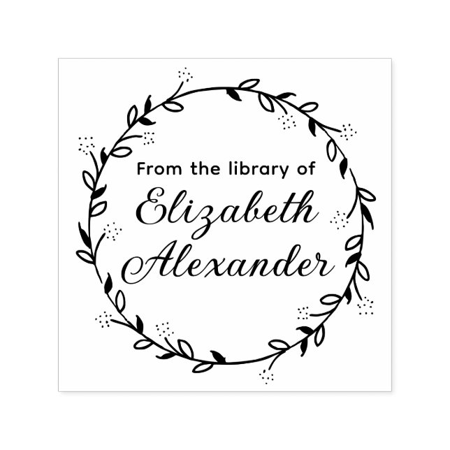 Botanical Leaf Wreath #14 Round Library Book Name Self-inking Stamp (Design)