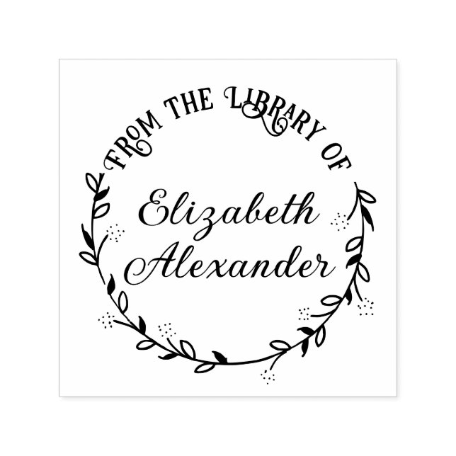 Botanical Leaf Wreath #14 Round Library Book Name Self-inking Stamp (Design)