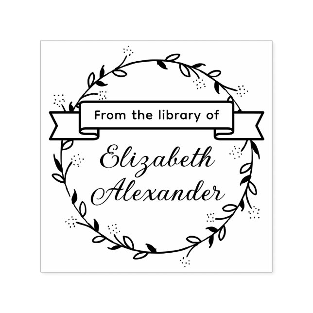 Botanical Leaf Wreath #14B Round Library Book Name Self-inking Stamp (Design)