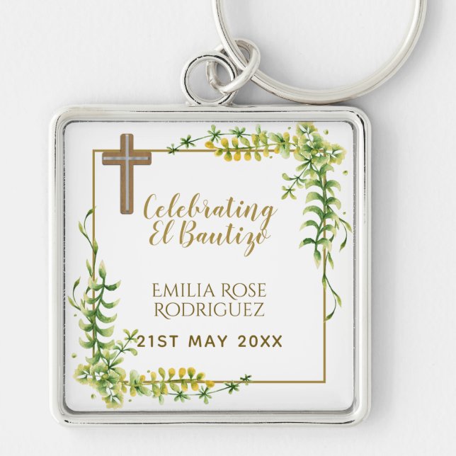Botanical LeafBautizo Bautismo Baptism Name Verses Keychain (Front)