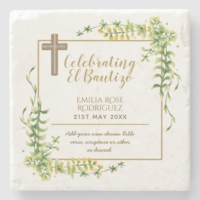 Botanical LeafBautizo Bautismo Baptism Name Verses Stone Coaster (Front)