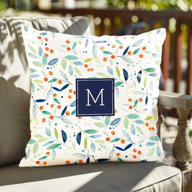 Botanical Leafs & Berries Watercolors Pattern Throw Pillow (Creator Uploaded)