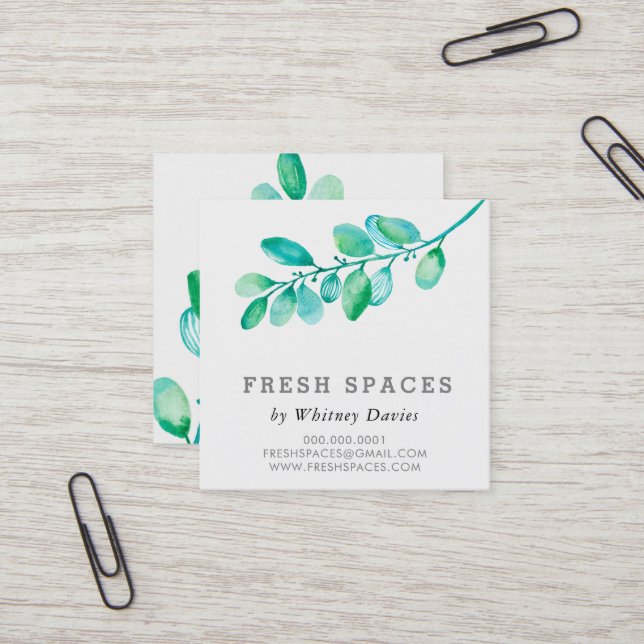 BOTANICAL LEAFY BRANCH simple stylish health green Square Business Card (Front/Back In Situ)