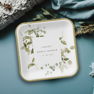 Botanical Leafy Foliage Watercolor Bridal Shower Paper Plate