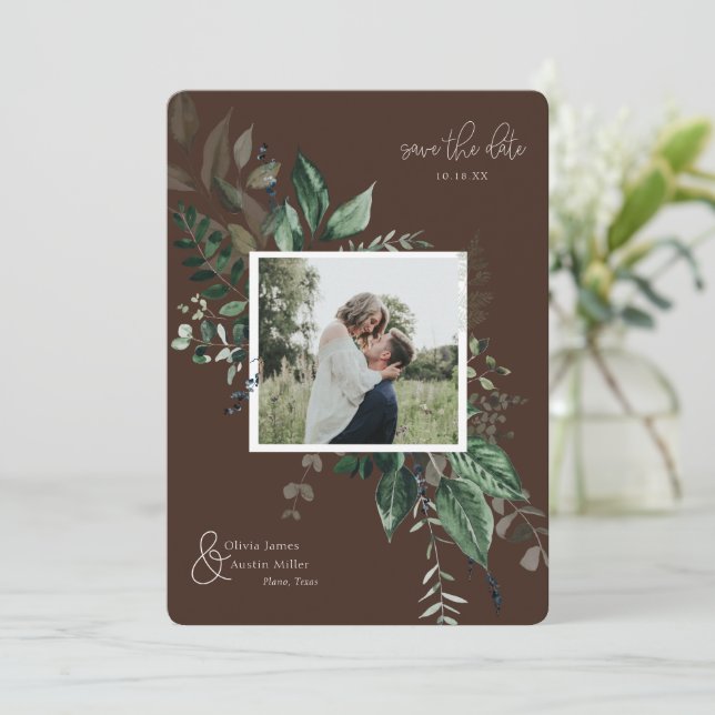 Botanical Leafy Greenery Photo Frame Save the Date (Standing Front)