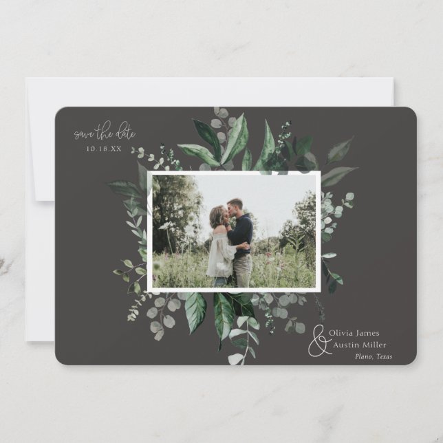 Botanical Leafy Greenery Photo Frame Save the Date (Front)