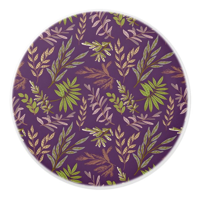 Botanical Leaves: A Stunning Purple Back Ceramic Knob (Front)