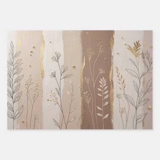 Botanical Leaves and Flowers Beige and Brown  Wrapping Paper Sheet