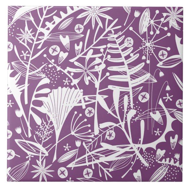 Botanical Leaves and Flowers Purple Tile (Front)