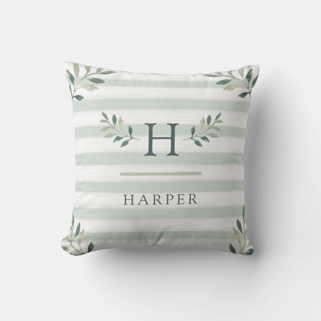 Botanical Leaves and Sage Green Stripes | Monogram Throw Pillow (Front)