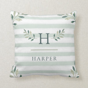 Botanical Leaves and Sage Green Stripes Monogram Throw Pillow
