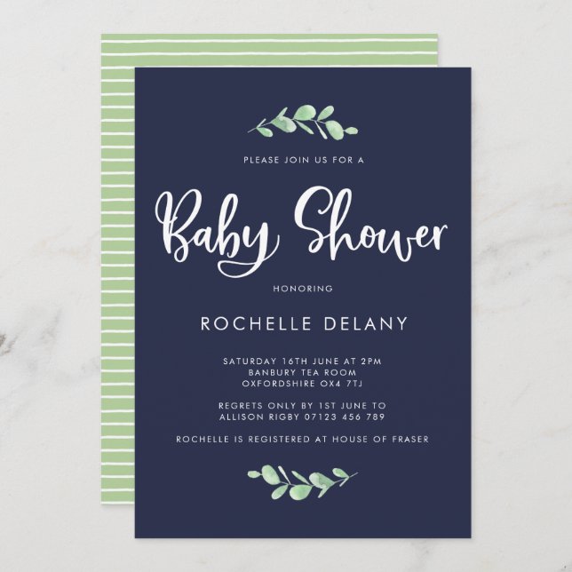 Botanical Leaves and Stripes Baby Shower Invite (Front/Back)