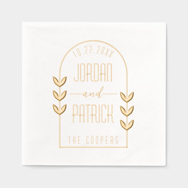 Botanical Leaves Arched Frame Personalized Wedding Foil Napkins (Front)