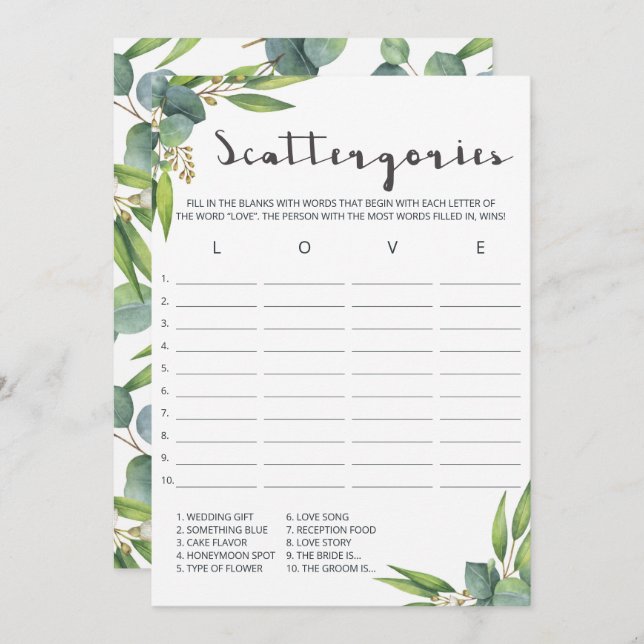 Botanical Leaves Bridal Shower Game Scattergories (Front/Back)