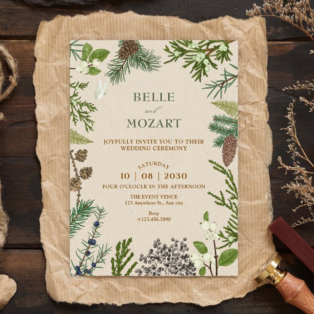 Botanical leaves christmas wedding invitation (Creator Uploaded)