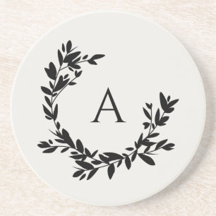 Botanical Leaves Initial Monogram Ivory and Black Coaster