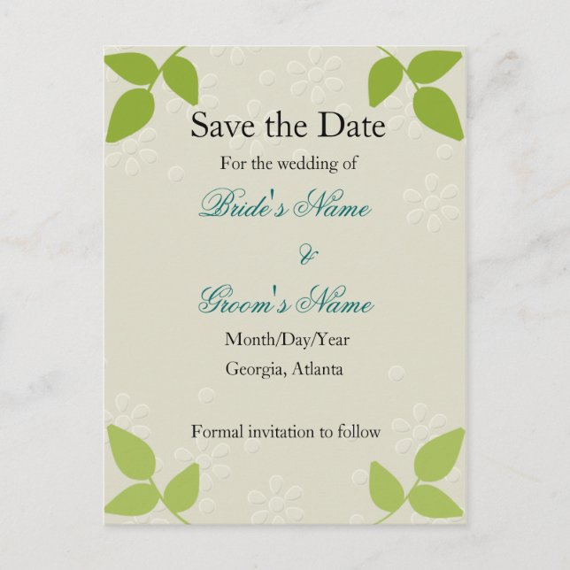 Botanical Leaves Minalist Wedding Save the Date Announcement Postcard (Front)