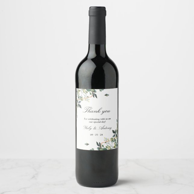 Botanical Leaves, Modern Greenery Wedding  Wine Label (Front)