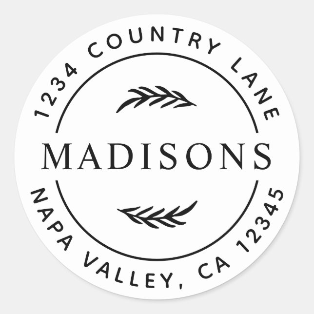 Botanical Leaves Modern Round Return Address Classic Round Sticker (Front)