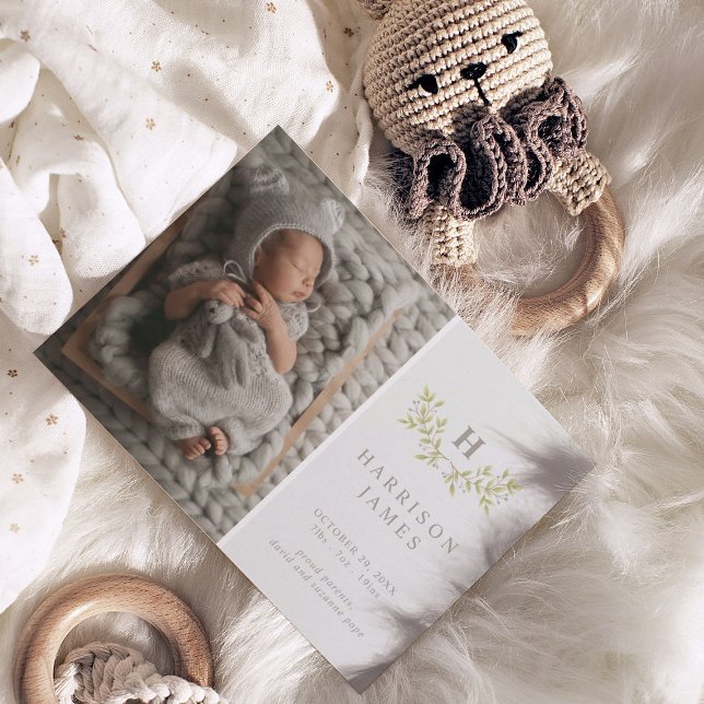 Botanical Leaves Monogram Baby Photo Announcement (Creator Uploaded)