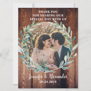 Botanical leaves on wood Thank You photo wedding