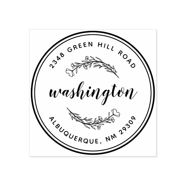 Botanical Leaves Round Family Name Return Address Rubber Stamp (Imprint)