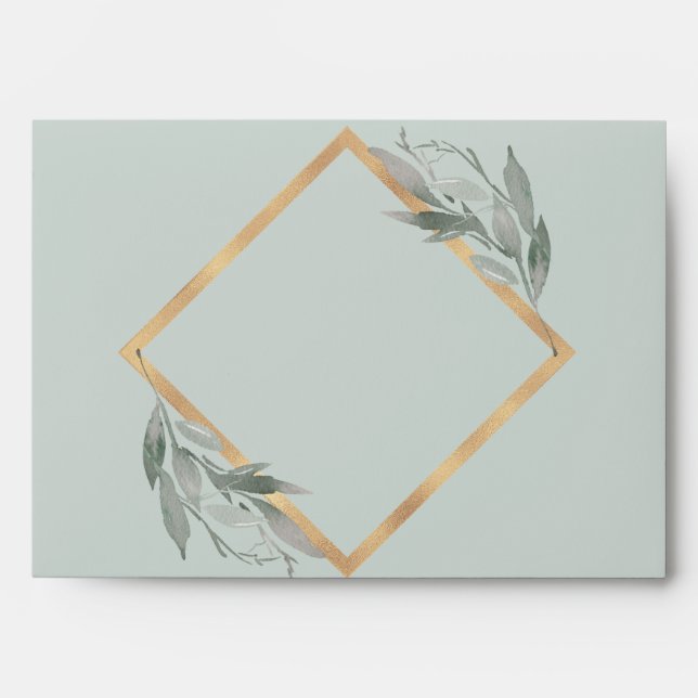 Botanical Leaves Sage Slate Grey Gold Foil Wedding Envelope (Front)
