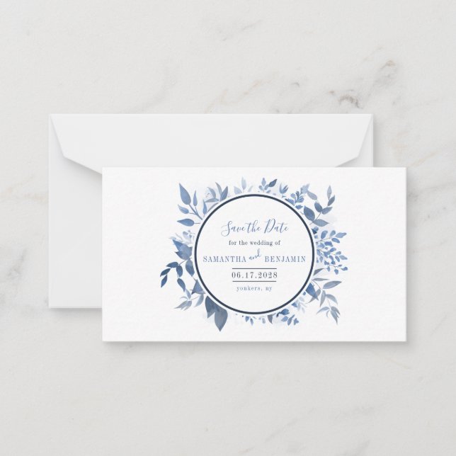 Botanical Leaves Script Navy Blue Save the Date Card (Front)