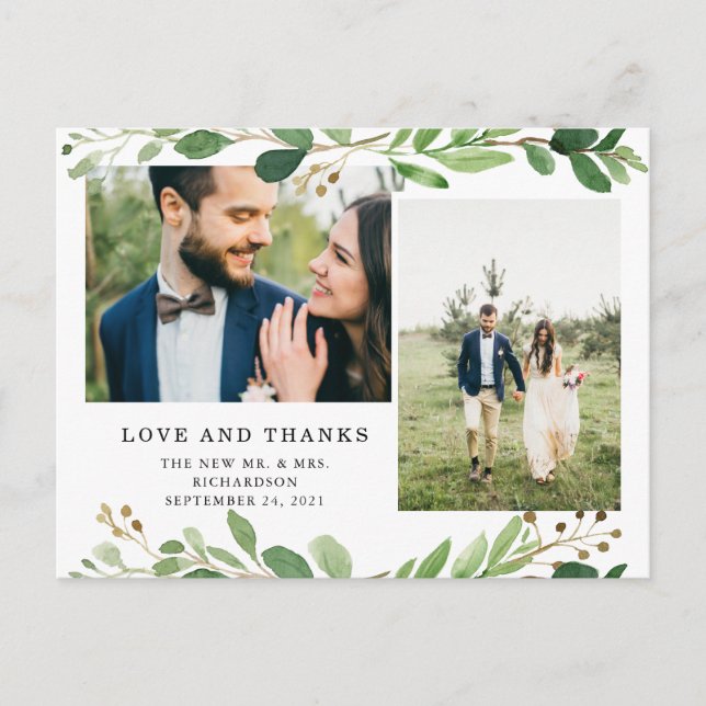 Botanical Leaves | Two Photo Wedding Thank You Postcard (Front)