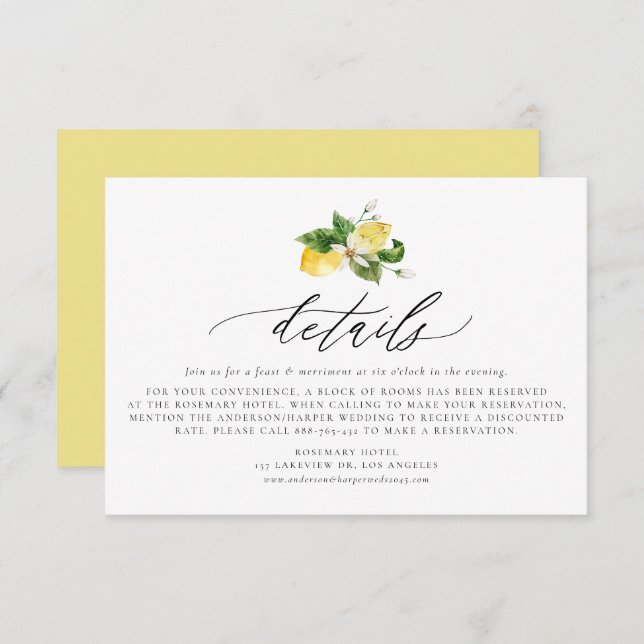 Botanical Lemon and Greenery Accommodations Enclosure Card (Front/Back)