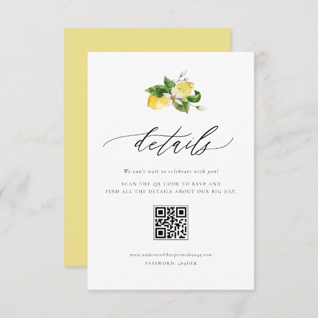 Botanical Lemon and Greenery QR Code Details Enclosure Card (Front/Back)