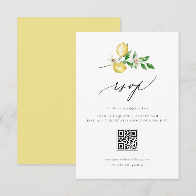 Botanical Lemon and Greenery Wedding QR Code RSVP Card (Front/Back)