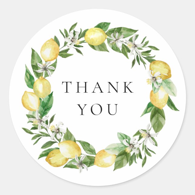 Botanical Lemon and Greenery Wreath Thank You Classic Round Sticker (Front)
