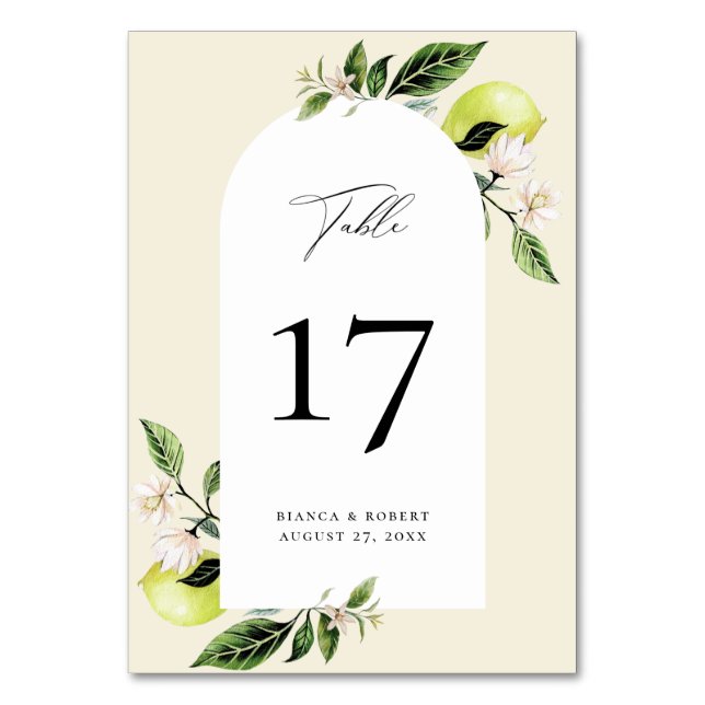 Botanical Lemon Arch Frame Wedding Table Number (Front)