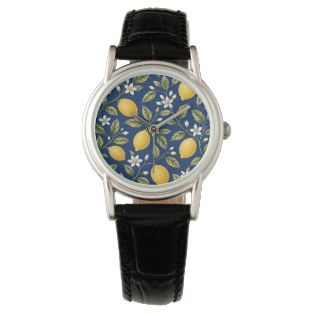 Botanical Lemon Blossom Navy Blue Watch (Front)