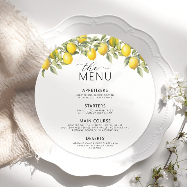 Botanical Lemon Citrus Wedding Round Flat Menu (Creator Uploaded)