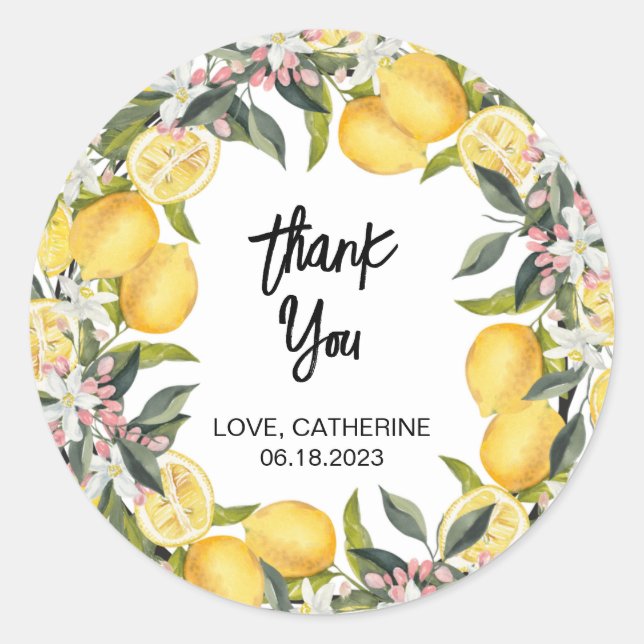 Botanical Lemon Garden Summer Thank You Classic Round Sticker (Front)