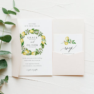 Botanical Lemon Greenery Wreath QR Code Wedding Invitation
