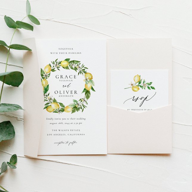 Botanical Lemon Greenery Wreath QR Code Wedding Invitation (Fresh and elegant watercolor lemon wedding invitation and RSVP card for a nature-inspired weddings.)