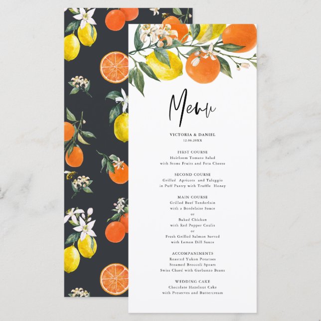 Botanical Lemons and Oranges Summer Wedding Menu (Front/Back)