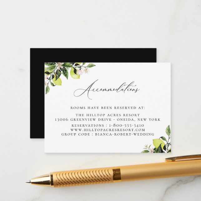 Botanical Lemons Wedding Accommodations Enclosure  Card (Front/Back In Situ)