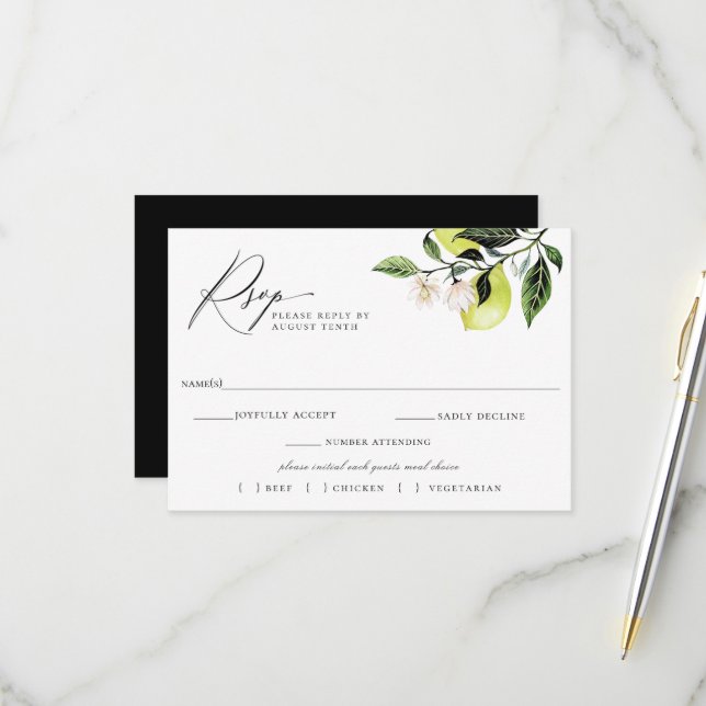 Botanical Lemons Wedding RSVP Meal Choice Card (Front/Back In Situ)