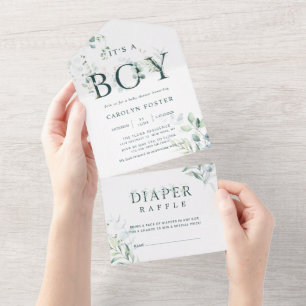 Botanical Letter Baby Shower   Diaper Raffle All In One Invitation