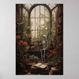 Botanical Library Skeleton Art Print, Dark Poster