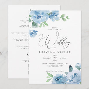 Botanical Light Baby Blue QR All In One Wedding Invitation