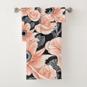 Botanical Light Peach Floral Pattern Bath Towel Set