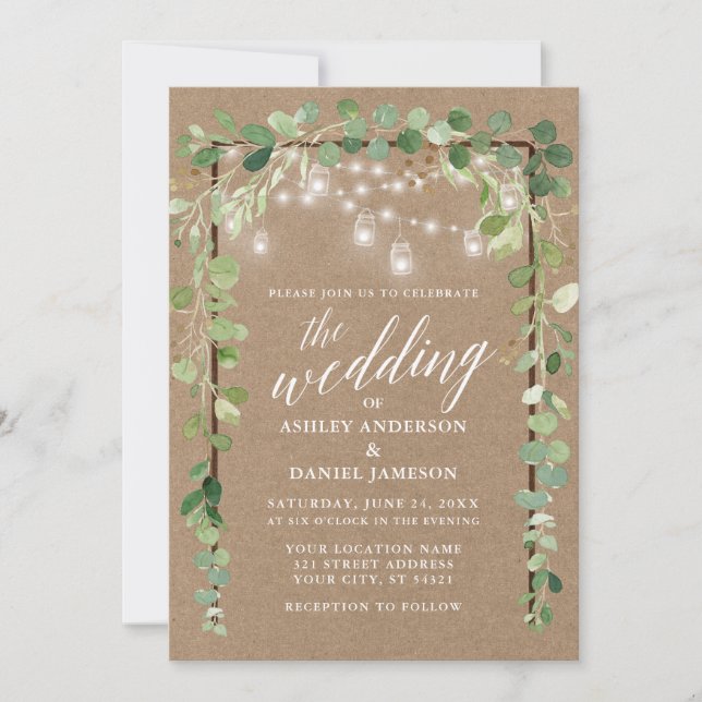 Botanical Lights Wood Calligraphy Kraft Wedding Invitation (Front)