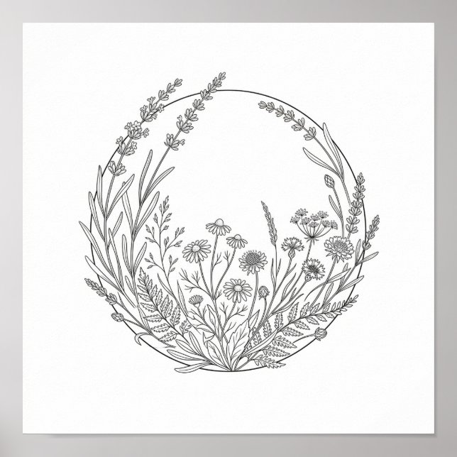 Botanical Line Art Circle Frame Square Poster (Front)
