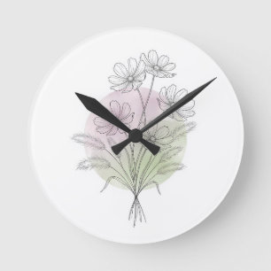 Botanical Line Art Fern Wildflower Blush Green⁠ Round Clock