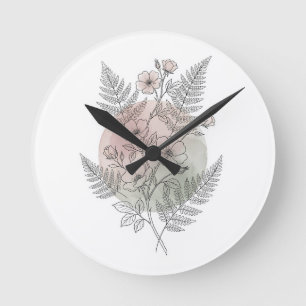 Botanical Line Art Fern Wildflower Blush Green⁠ Round Clock